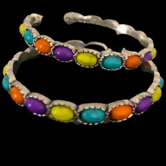 Southwest Style Hoop Earrings – Colorful Cabochons in Hopi Zuni Navajo Tones - Picture 5 of 6
